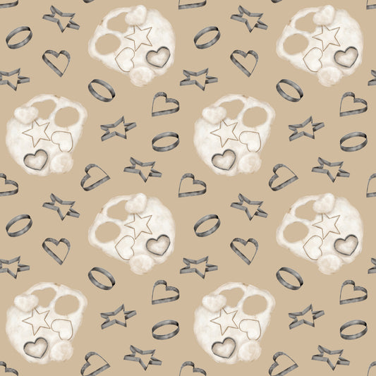 beige, tan, cream, white, watercolor, baking pattern, cookie cutters, star shapes, heart shapes, circle shapes, flour dusting, kitchen theme, cooking motifs, repeating pattern, quilting cotton, fabric panel, soft pastels, culinary design, baking tools, geometric shapes