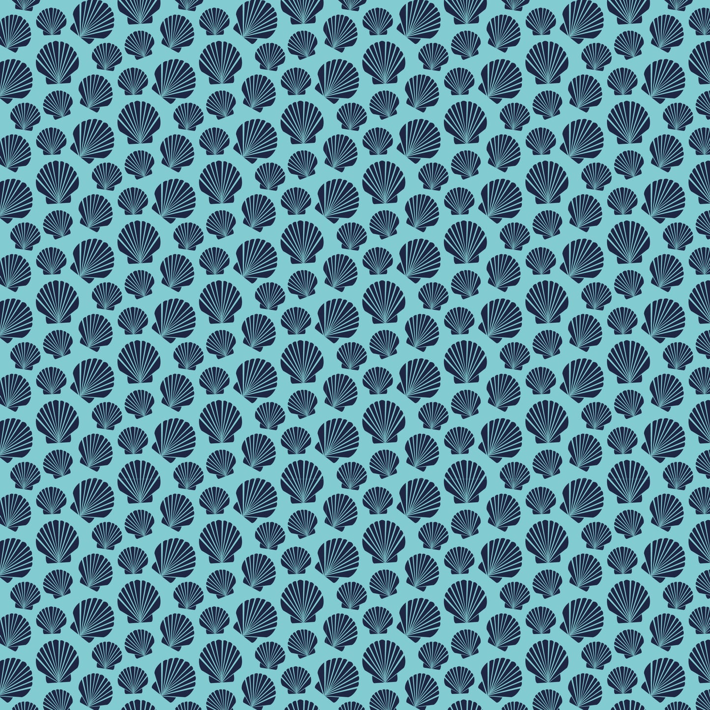 navy blue, turquoise, aqua, seashells, scallop shells, nautical theme, ocean motifs, marine life, repeating pattern, all-over design, quilting cotton, fabric panel, beach theme, coastal design, sea creatures, shell pattern, geometric arrangement, crafting material, sewing fabric, tropical vibes