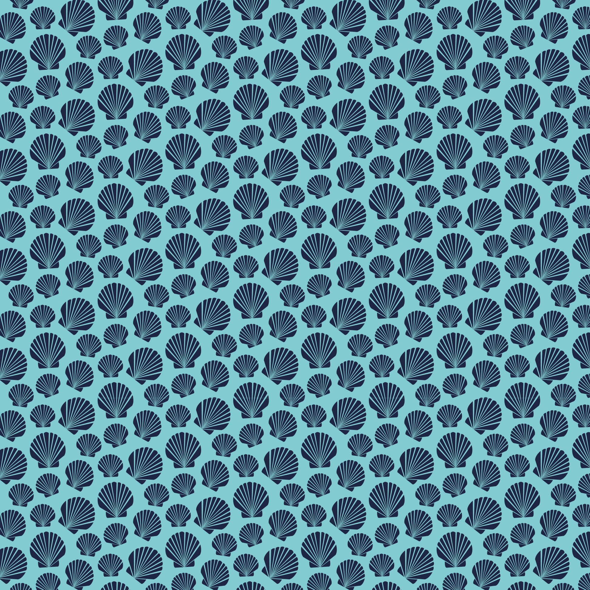 navy blue, turquoise, aqua, seashells, scallop shells, nautical theme, ocean motifs, marine life, repeating pattern, all-over design, quilting cotton, fabric panel, beach theme, coastal design, sea creatures, shell pattern, geometric arrangement, crafting material, sewing fabric, tropical vibes