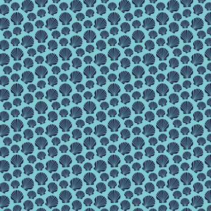 navy blue, turquoise, aqua, seashells, scallop shells, nautical theme, ocean motifs, marine life, repeating pattern, all-over design, quilting cotton, fabric panel, beach theme, coastal design, sea creatures, shell pattern, geometric arrangement, crafting material, sewing fabric, tropical vibes