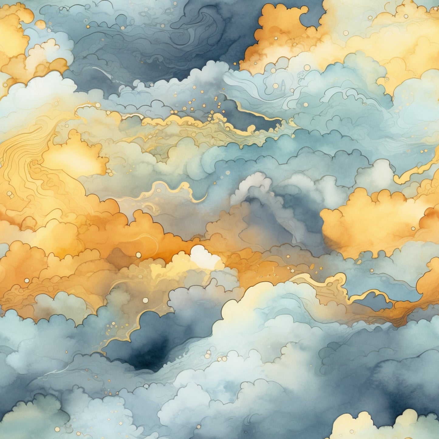 sunset colors, golden yellow, soft blue, gray clouds, orange hues, cream white, sky pattern, cloudy design, watercolor style, dreamy atmosphere, nature scene, evening sky, quilting cotton, fabric panel, flowing clouds, celestial theme, warm tones, cool blues, artistic clouds, serene mood