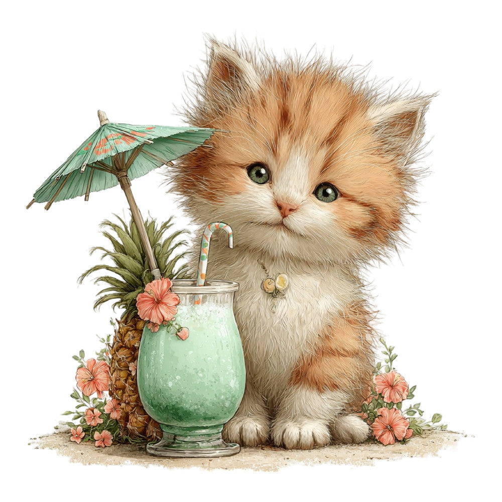 Whimsical Summer Cat Fabric Panel 42