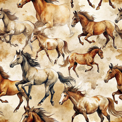 wild horses, running horses, galloping horses, brown tones, tan colors, cream background, sepia palette, watercolor style, equestrian theme, horse pattern, quilting cotton, fabric panel, western motif, animal print, flowing manes, dynamic movement, rustic colors, cotton fabric, nature inspired, horse silhouettes