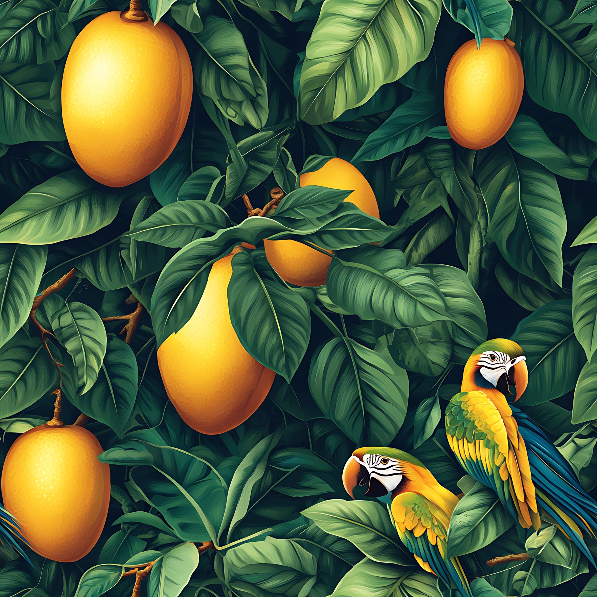 tropical birds, parrots, macaws, mango fruit, golden yellow, emerald green, lush foliage, tropical leaves, jungle pattern, exotic birds, fruit trees, nature scene, botanical design, vibrant colors, quilting cotton, fabric panel, tropical theme, rainforest motif, realistic illustration, summer vibes