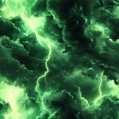 green fabric, lightning bolts, storm clouds, thunderstorm pattern, electric green, bright green, dark green, dramatic sky, weather motif, quilting cotton, fabric panel, nature scene, stormy atmosphere, lightning strikes, cloud formations, electric pattern, storm theme, meteorology design, tempest imagery, atmospheric print