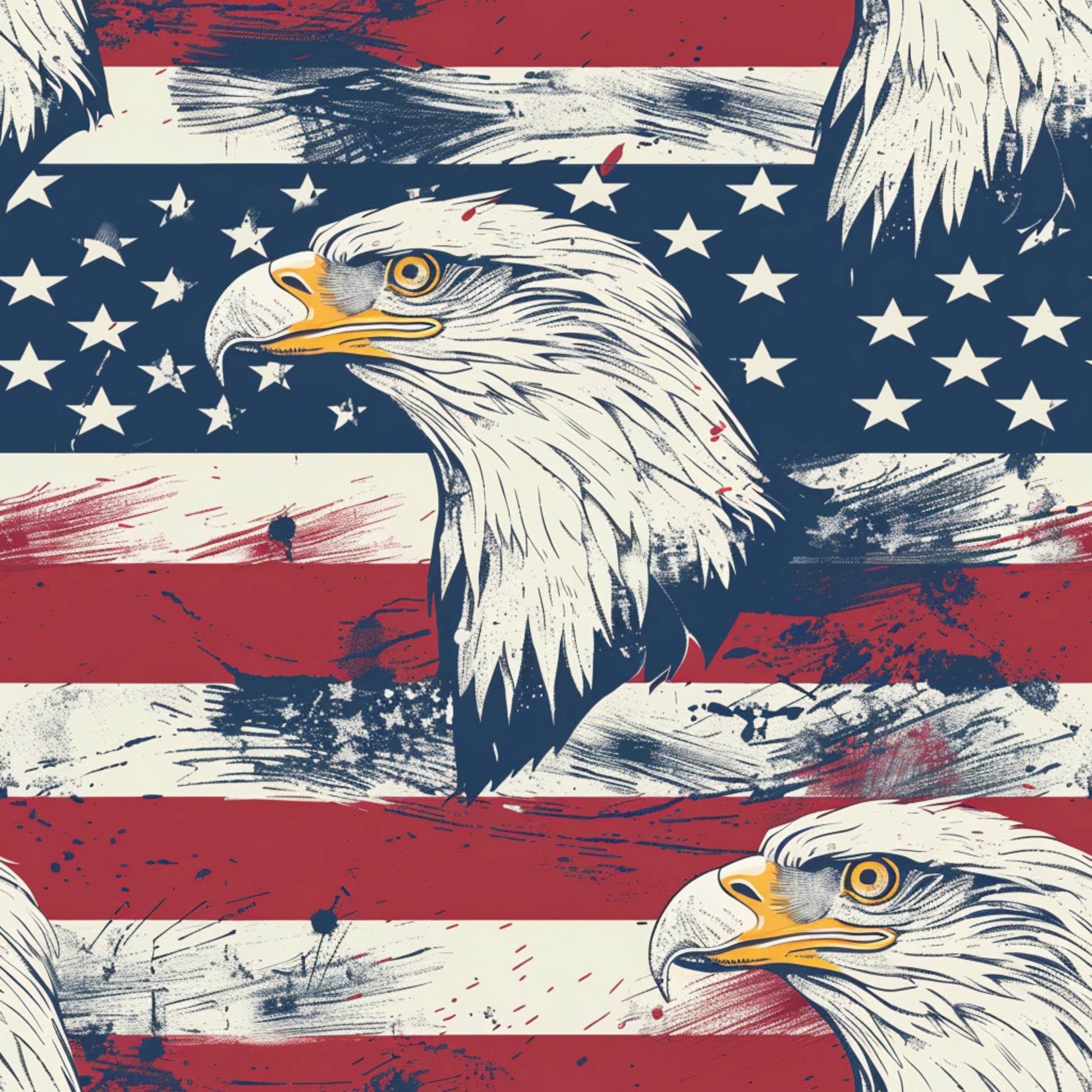 red, white, blue, navy blue, patriotic, bald eagle, american flag, stars, stripes, brushstroke texture, distressed look, quilting cotton, fabric panel, independence day, fourth of july, americana, eagle head, star field, weathered appearance, vintage style, cotton fabric