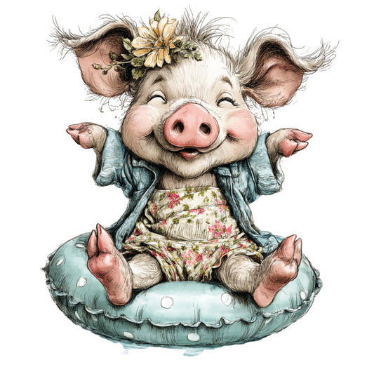 Whimsical Quirky Pool Float Pig Fabric Panel 10