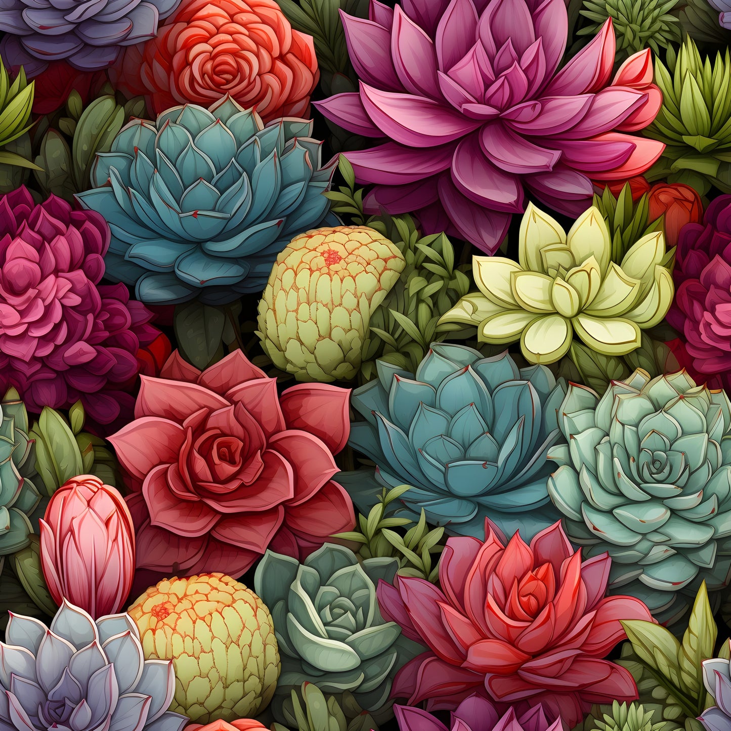 succulents, botanical pattern, quilting cotton, fabric panel, pink flowers, blue succulents, coral blooms, purple dahlias, green foliage, yellow flowers, floral design, garden theme, nature motif, vibrant colors, detailed illustration, artistic rendering, colorful botanicals, plant pattern, flower fabric, quilting material