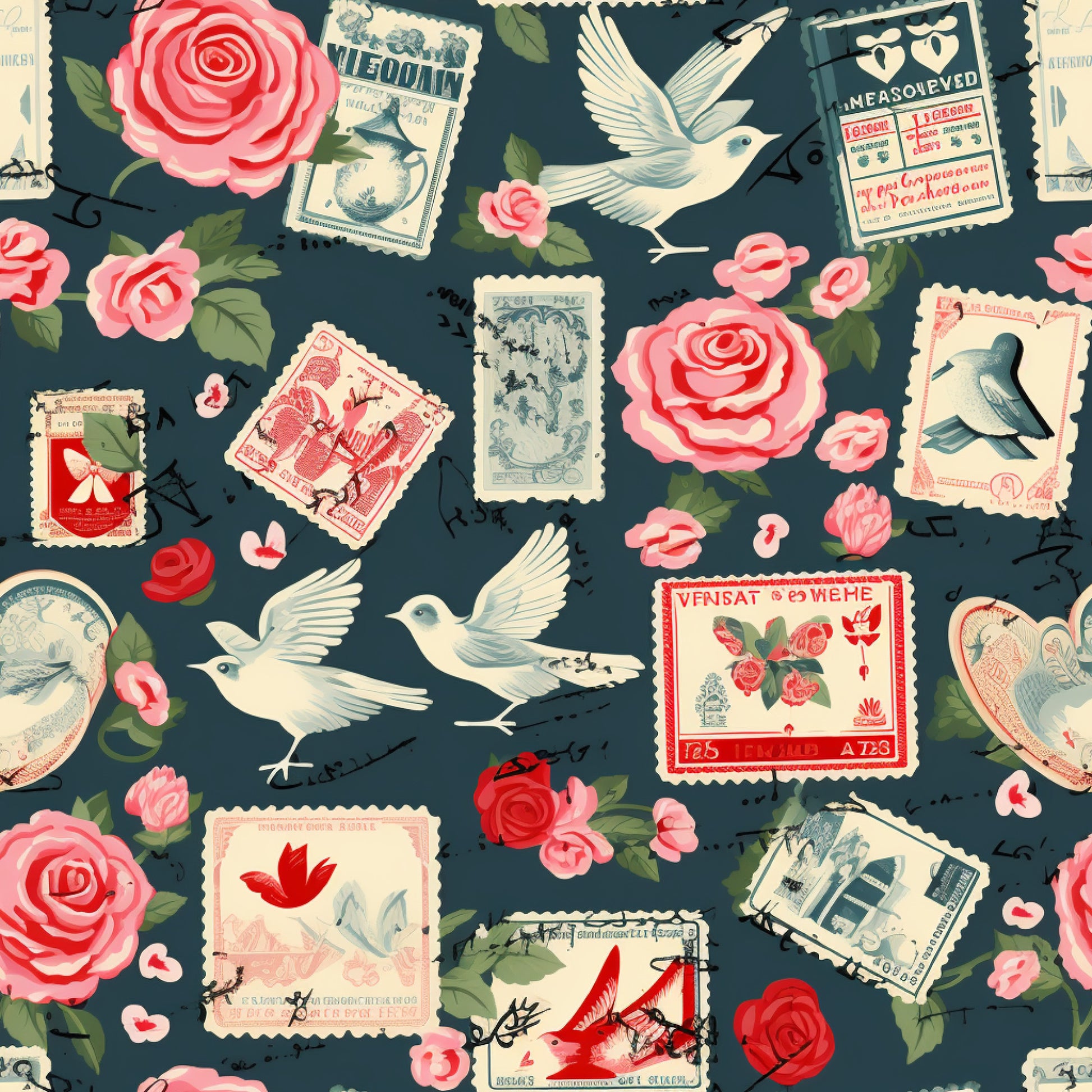 vintage stamps, quilting cotton, fabric panel, pink roses, white doves, navy background, postmarks, floral motifs, romantic theme, red accents, cream colored stamps, birds in flight, rose petals, postal design, cottage core, nostalgic pattern, soft pink, muted tones, scattered florals, love letters