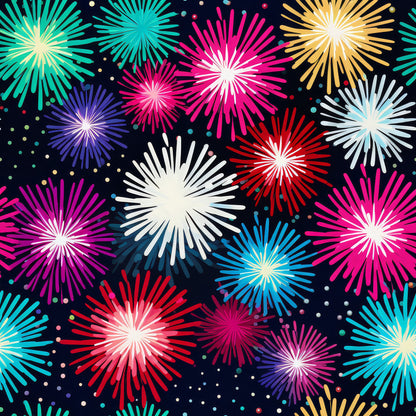 fireworks pattern, quilting cotton, fabric panel, colorful bursts, starburst design, celebration theme, pink fireworks, blue fireworks, yellow fireworks, red fireworks, white fireworks, turquoise explosions, purple bursts, dark navy background, festive pattern, fourth of july, new year's theme, patriotic colors, radial design, sparkle effects