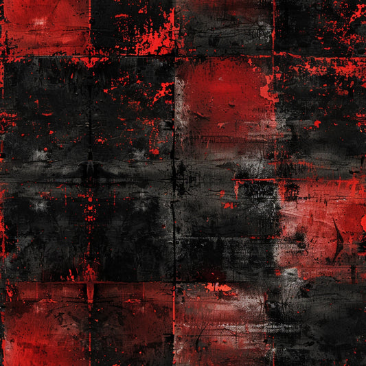 red, black, grunge, distressed, weathered, abstract, textured, splattered, worn, vintage, industrial, cotton fabric, quilting panel, dark aesthetic, paint splatters, scratched surface, urban style, edgy pattern, distressed finish, artistic blocks