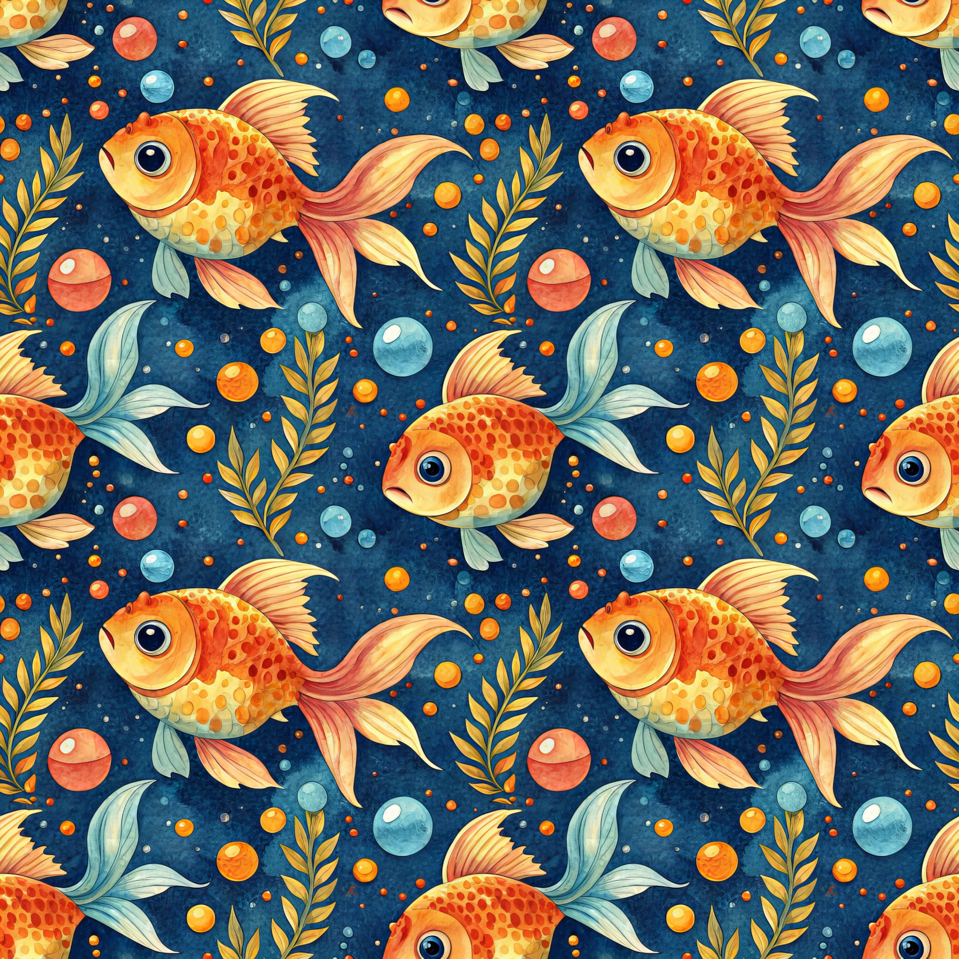 goldfish, orange fish, navy blue background, underwater scene, aquatic pattern, swimming fish, bubbles, seaweed, coral orange, golden yellow, teal accents, whimsical design, repeating pattern, quilting cotton, fabric panel, ocean theme, marine life, playful motif, watercolor style, seamless repeat