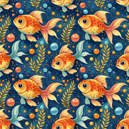 goldfish, orange fish, navy blue background, underwater scene, aquatic pattern, swimming fish, bubbles, seaweed, coral orange, golden yellow, teal accents, whimsical design, repeating pattern, quilting cotton, fabric panel, ocean theme, marine life, playful motif, watercolor style, seamless repeat