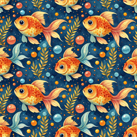 goldfish, orange fish, navy blue background, underwater scene, aquatic pattern, swimming fish, bubbles, seaweed, coral orange, golden yellow, teal accents, whimsical design, repeating pattern, quilting cotton, fabric panel, ocean theme, marine life, playful motif, watercolor style, seamless repeat
