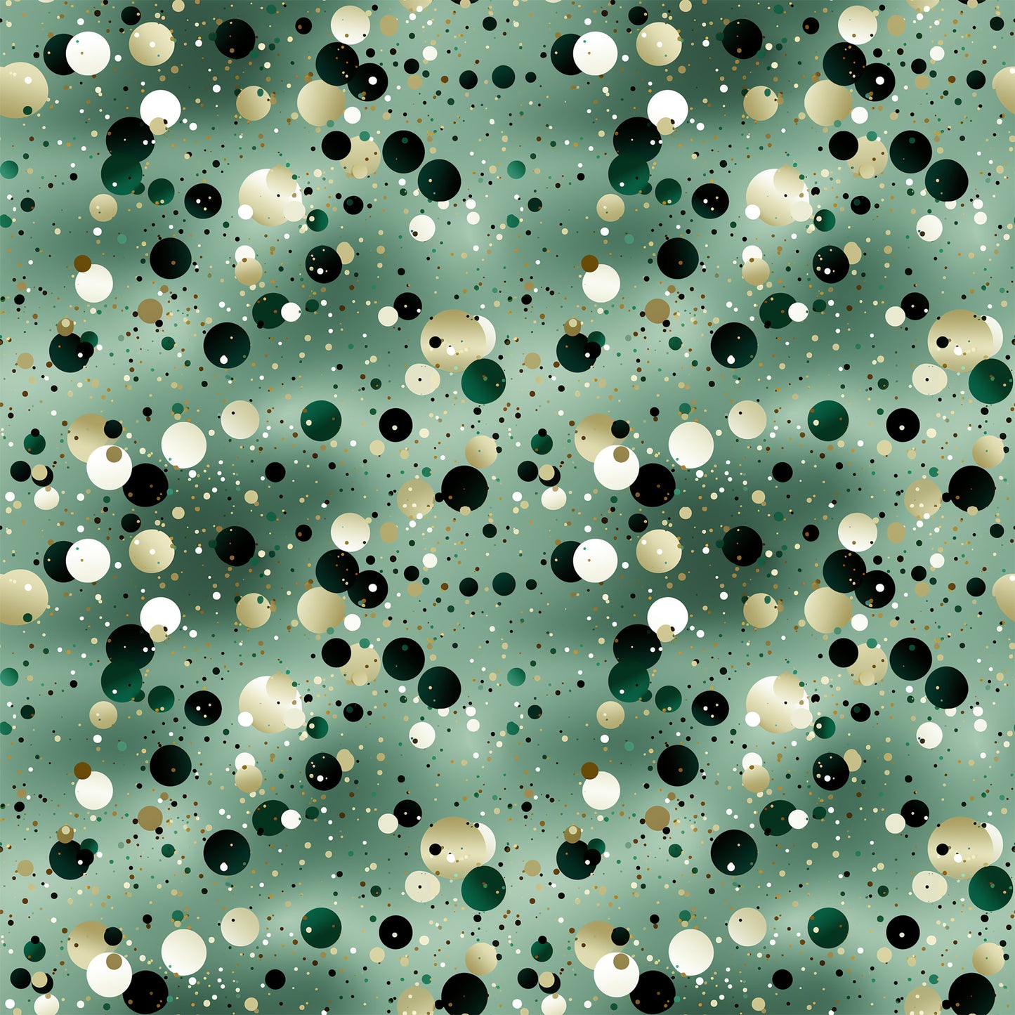 sage green, forest green, black, white, cream, beige, gold, confetti dots, scattered circles, polka dots, geometric pattern, abstract design, celebratory, festive, modern style, quilting cotton, fabric panel, repeating pattern, party theme, bubble pattern