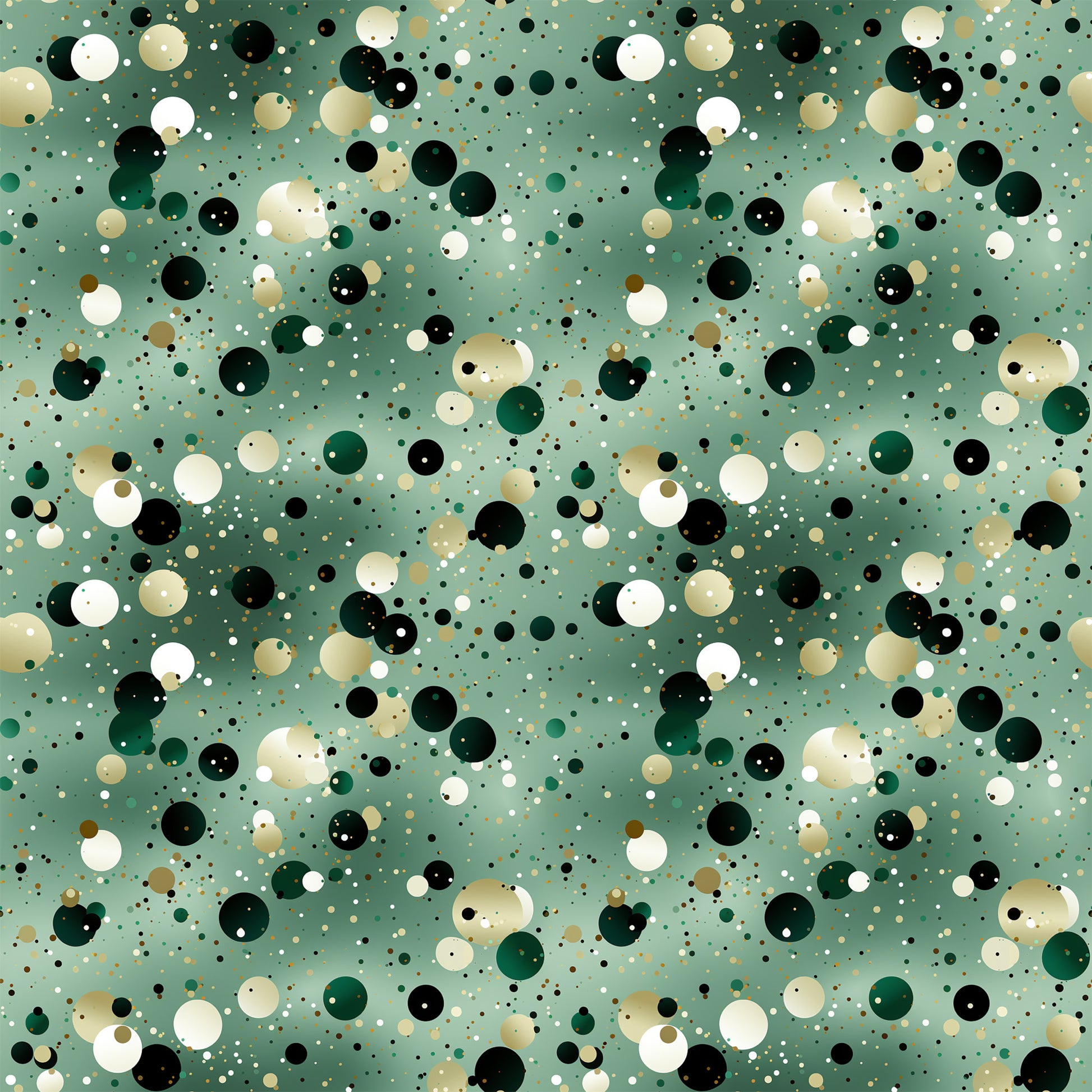 sage green, forest green, black, white, cream, beige, gold, confetti dots, scattered circles, polka dots, geometric pattern, abstract design, celebratory, festive, modern style, quilting cotton, fabric panel, repeating pattern, party theme, bubble pattern