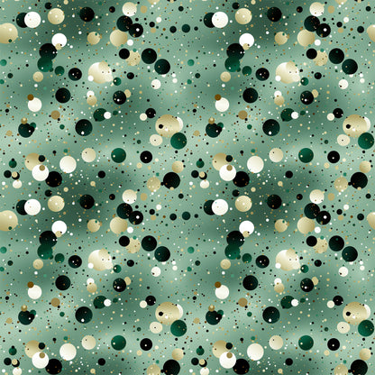 sage green, forest green, black, white, cream, beige, gold, confetti dots, scattered circles, polka dots, geometric pattern, abstract design, celebratory, festive, modern style, quilting cotton, fabric panel, repeating pattern, party theme, bubble pattern