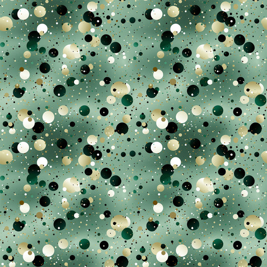 sage green, forest green, black, white, cream, beige, gold, confetti dots, scattered circles, polka dots, geometric pattern, abstract design, celebratory, festive, modern style, quilting cotton, fabric panel, repeating pattern, party theme, bubble pattern