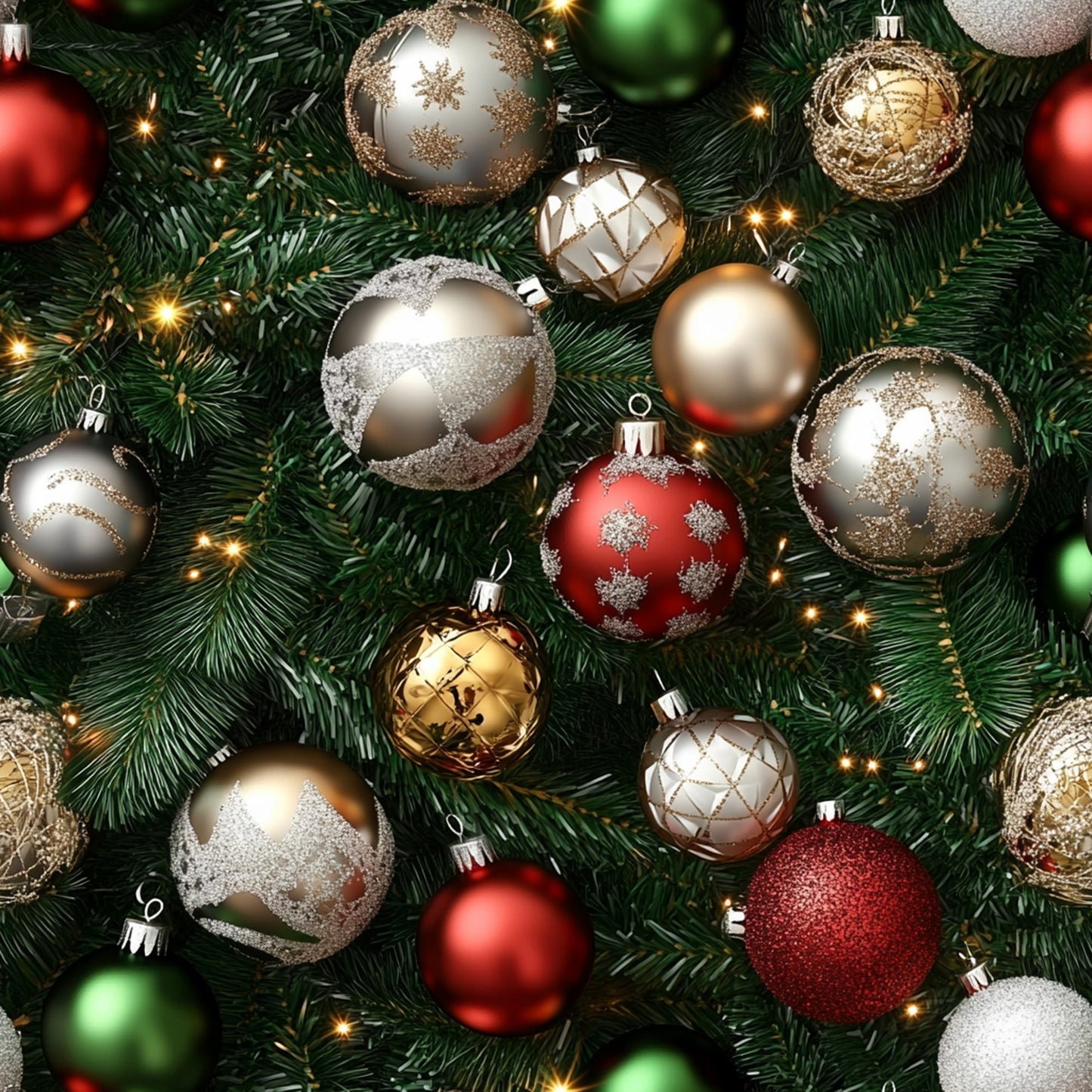 christmas ornaments, red baubles, gold ornaments, silver decorations, green pine needles, evergreen branches, metallic finish, glittery texture, holiday pattern, festive design, realistic style, quilting cotton, fabric panel, christmas tree, warm lighting, sparkly effects, seasonal motifs, winter theme, decorative balls, pine boughs