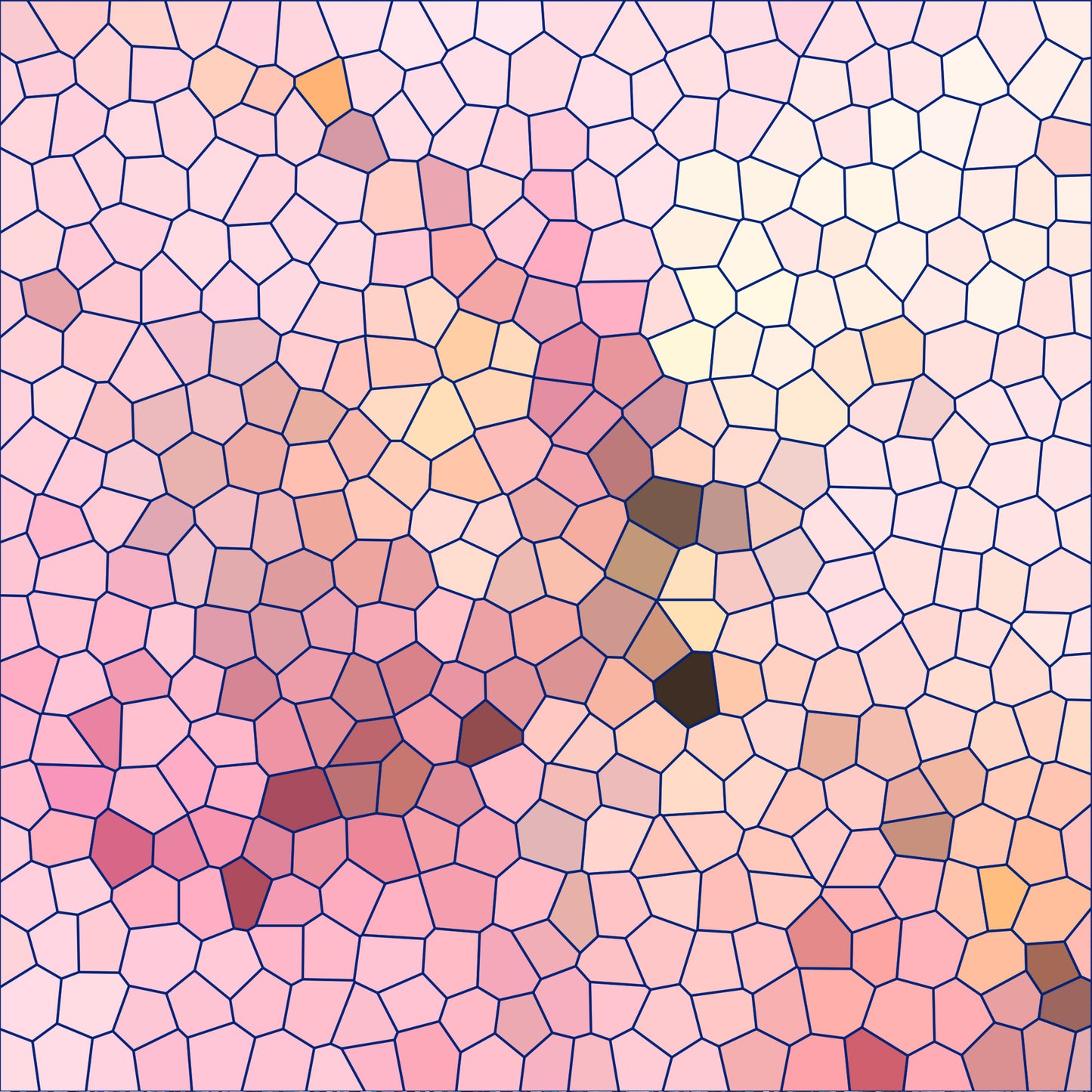 pink, peach, coral, cream, brown, orange, mosaic pattern, stained glass, geometric shapes, irregular polygons, honeycomb cells, abstract design, quilting cotton, fabric panel, soft pastels, warm tones, contemporary art, tessellation, patchwork style, crafting material