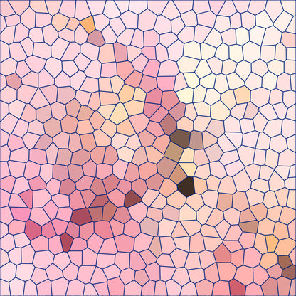 pink, peach, coral, cream, brown, orange, mosaic pattern, stained glass, geometric shapes, irregular polygons, honeycomb cells, abstract design, quilting cotton, fabric panel, soft pastels, warm tones, contemporary art, tessellation, patchwork style, crafting material