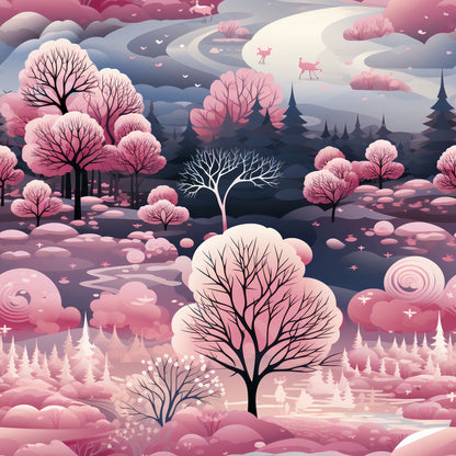 pink, lavender, purple, blush, winter landscape, bare trees, evergreen trees, deer silhouettes, snow covered ground, whimsical clouds, birds flying, dreamy atmosphere, soft pastels, quilting cotton, fabric panel, winter wonderland, fantasy scenery, layered hills, artistic illustration, christmas theme