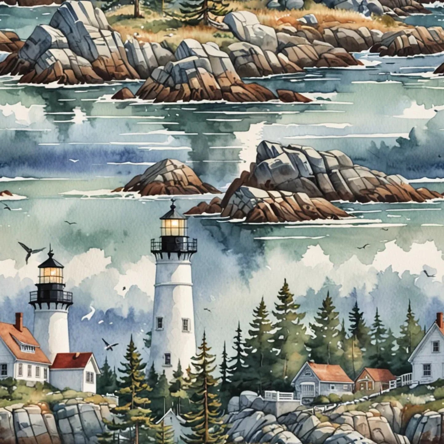 Daily Deal: Maine Lighthouses Pattern 1 Quilting Cotton Fabric - 45" x 0.5 Yards"