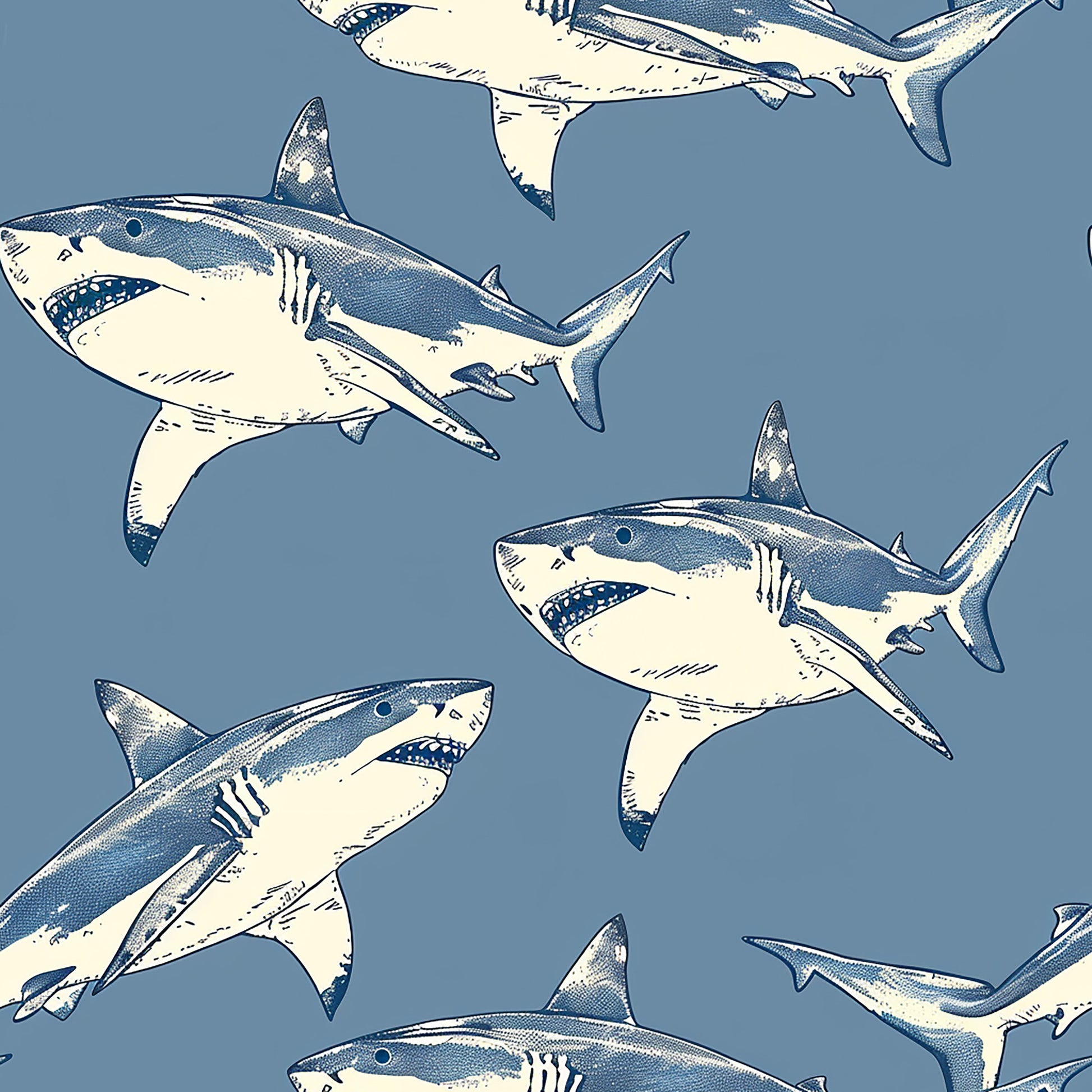 sharks, marine life, ocean animals, blue gray background, cream white, navy blue, vintage illustration style, sketched sharks, repeating pattern, quilting cotton, fabric panel, sea creatures, nautical theme, swimming sharks, hand drawn style, aquatic design, circling motion, oceanic, marine pattern