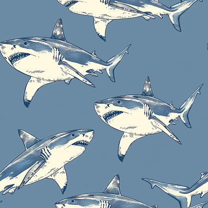 sharks, marine life, ocean animals, blue gray background, cream white, navy blue, vintage illustration style, sketched sharks, repeating pattern, quilting cotton, fabric panel, sea creatures, nautical theme, swimming sharks, hand drawn style, aquatic design, circling motion, oceanic, marine pattern