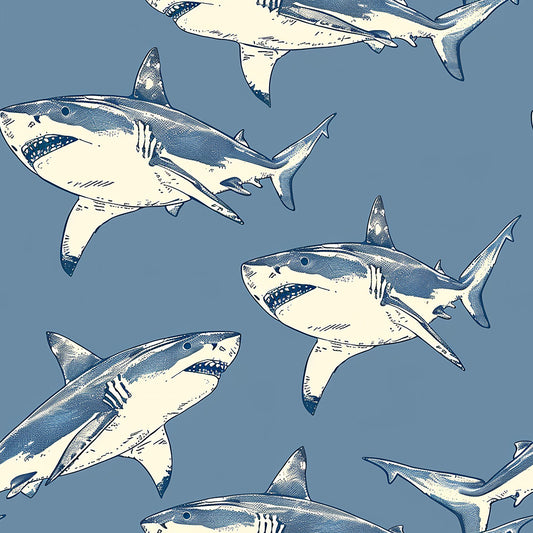 sharks, marine life, ocean animals, blue gray background, cream white, navy blue, vintage illustration style, sketched sharks, repeating pattern, quilting cotton, fabric panel, sea creatures, nautical theme, swimming sharks, hand drawn style, aquatic design, circling motion, oceanic, marine pattern