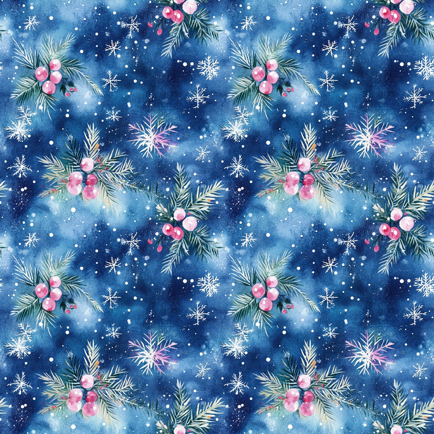 watercolor, blue, navy, pink, christmas, winter, snowflakes, evergreen branches, berries, holly, pine needles, festive, seasonal, quilting cotton, fabric panel, repeating pattern, botanical, holiday decor, snowy, whimsical, soft textures