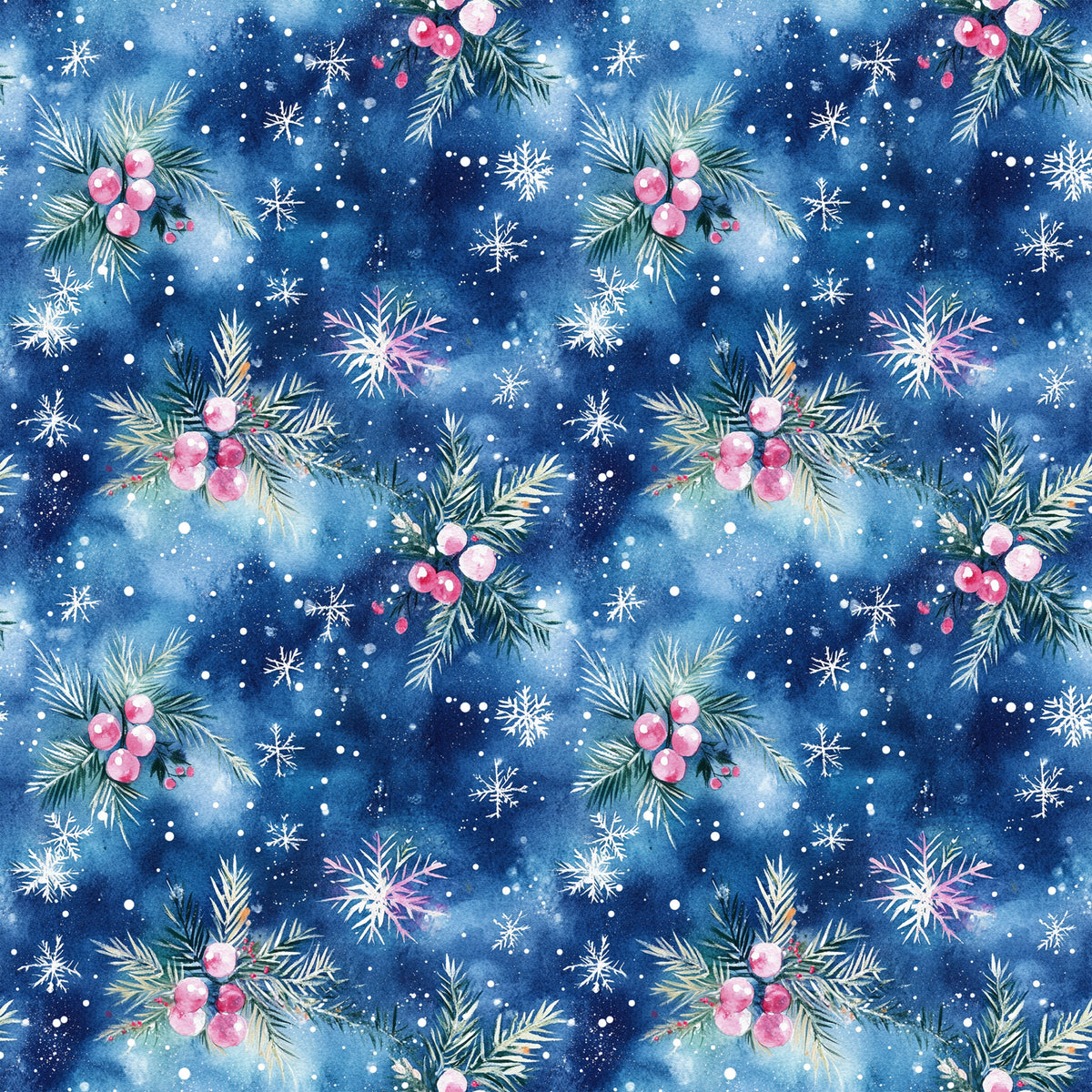 watercolor, blue, navy, pink, christmas, winter, snowflakes, evergreen branches, berries, holly, pine needles, festive, seasonal, quilting cotton, fabric panel, repeating pattern, botanical, holiday decor, snowy, whimsical, soft textures