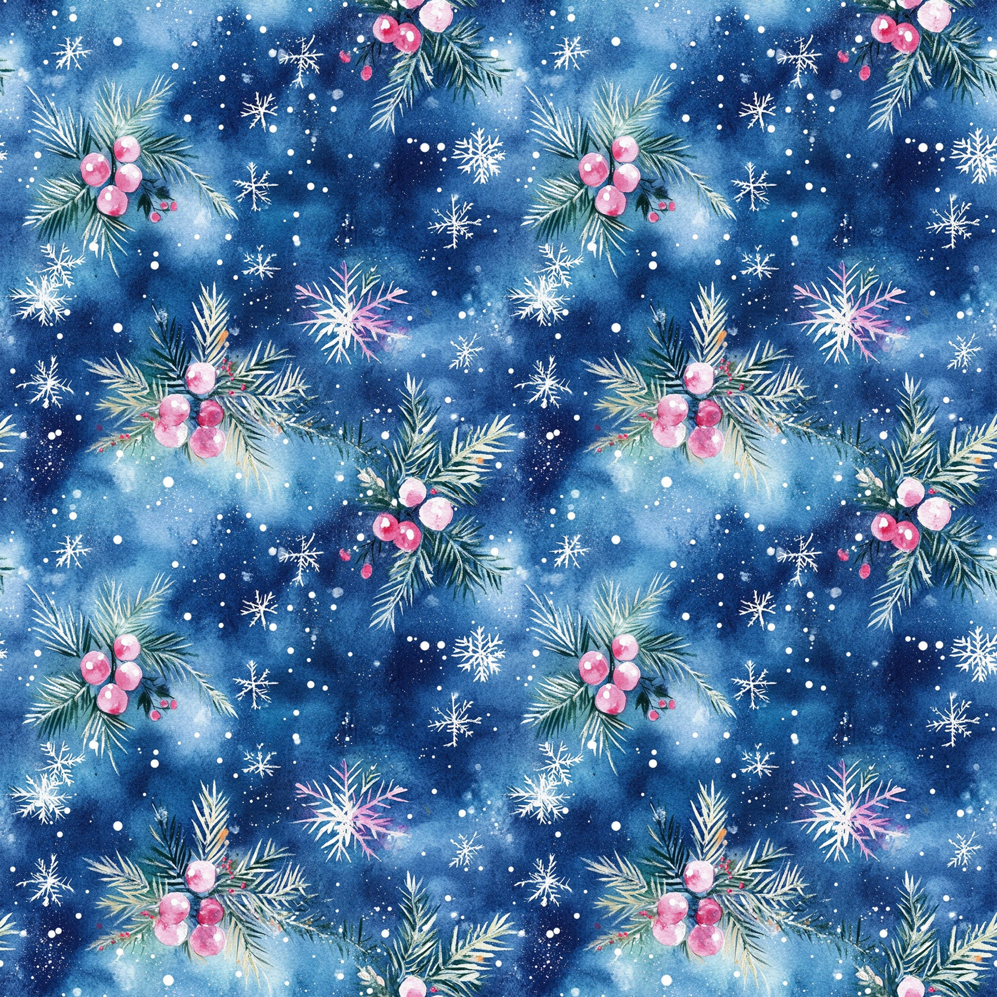 watercolor, blue, navy, pink, christmas, winter, snowflakes, evergreen branches, berries, holly, pine needles, festive, seasonal, quilting cotton, fabric panel, repeating pattern, botanical, holiday decor, snowy, whimsical, soft textures