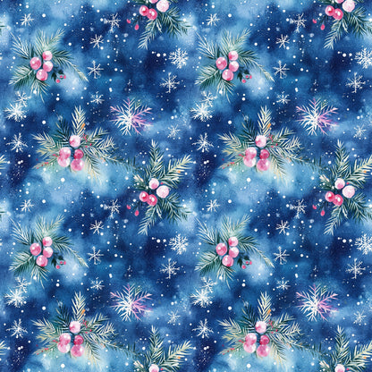 watercolor, blue, navy, pink, christmas, winter, snowflakes, evergreen branches, berries, holly, pine needles, festive, seasonal, quilting cotton, fabric panel, repeating pattern, botanical, holiday decor, snowy, whimsical, soft textures