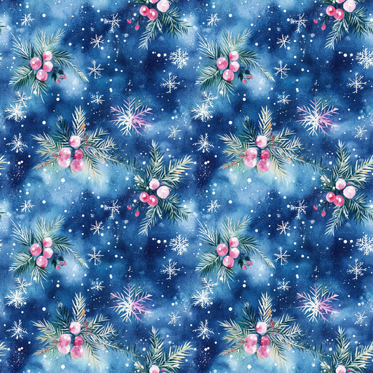 watercolor, blue, navy, pink, christmas, winter, snowflakes, evergreen branches, berries, holly, pine needles, festive, seasonal, quilting cotton, fabric panel, repeating pattern, botanical, holiday decor, snowy, whimsical, soft textures