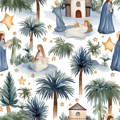 watercolor nativity, christmas scene, religious pattern, mary joseph baby jesus, palm trees, bethlehem stable, golden stars, blue robes, white garments, soft pastels, quilting cotton, fabric panel, holiday motifs, biblical characters, muted blues, warm beiges, peaceful atmosphere, scattered stars, nativity figures, cotton fabric