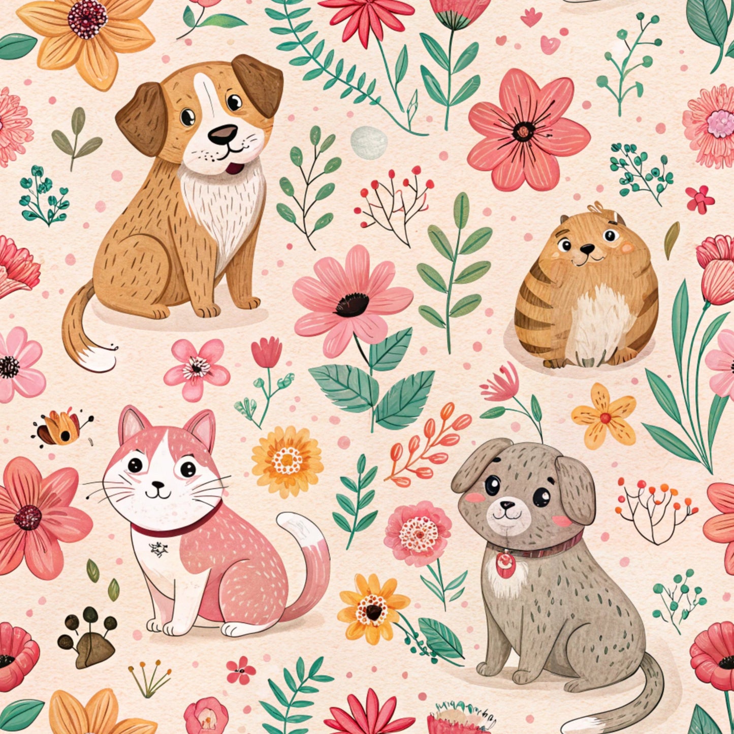 peach background, pink flowers, orange blooms, brown dog, tabby cat, gray puppy, floral pattern, cute animals, pets, botanical elements, green leaves, coral petals, yellow flowers, quilting cotton, fabric panel, whimsical illustration, kawaii style, cheerful mood, spring theme, animal lovers