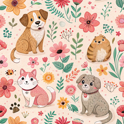 peach background, pink flowers, orange blooms, brown dog, tabby cat, gray puppy, floral pattern, cute animals, pets, botanical elements, green leaves, coral petals, yellow flowers, quilting cotton, fabric panel, whimsical illustration, kawaii style, cheerful mood, spring theme, animal lovers