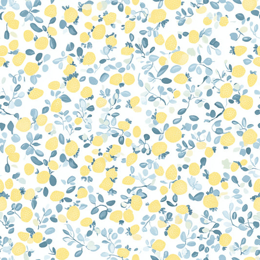lemon yellow, dusty blue, sage green, soft white, floral pattern, botanical design, delicate flowers, leafy branches, shabby chic, vintage style, quilting cotton, fabric panel, romantic mood, cottage core, pastel colors, scattered blooms, whimsical design, ditsy print, eucalyptus leaves