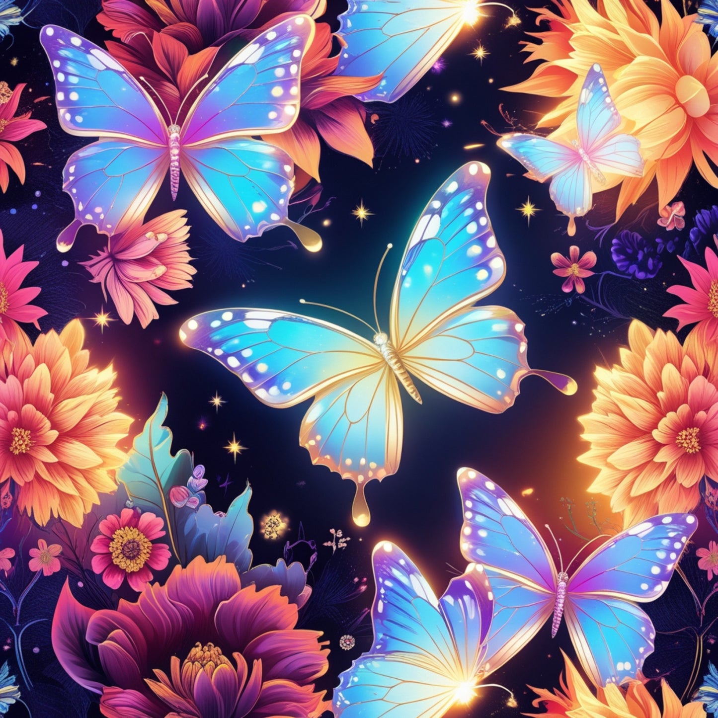 butterflies, floral, purple, blue, orange, pink, fantasy, magical, luminous, starry background, cosmic, iridescent wings, tropical flowers, dahlias, quilting cotton, fabric panel, whimsical, enchanted, glowing effects, celestial