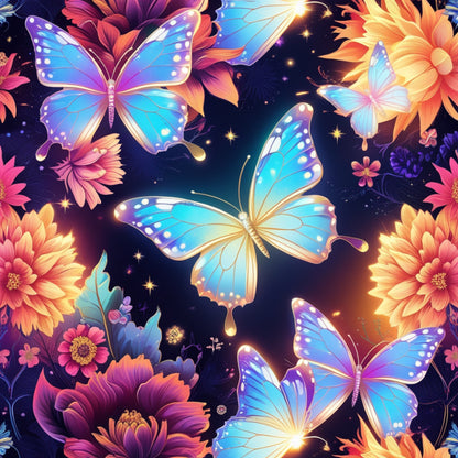 butterflies, floral, purple, blue, orange, pink, fantasy, magical, luminous, starry background, cosmic, iridescent wings, tropical flowers, dahlias, quilting cotton, fabric panel, whimsical, enchanted, glowing effects, celestial