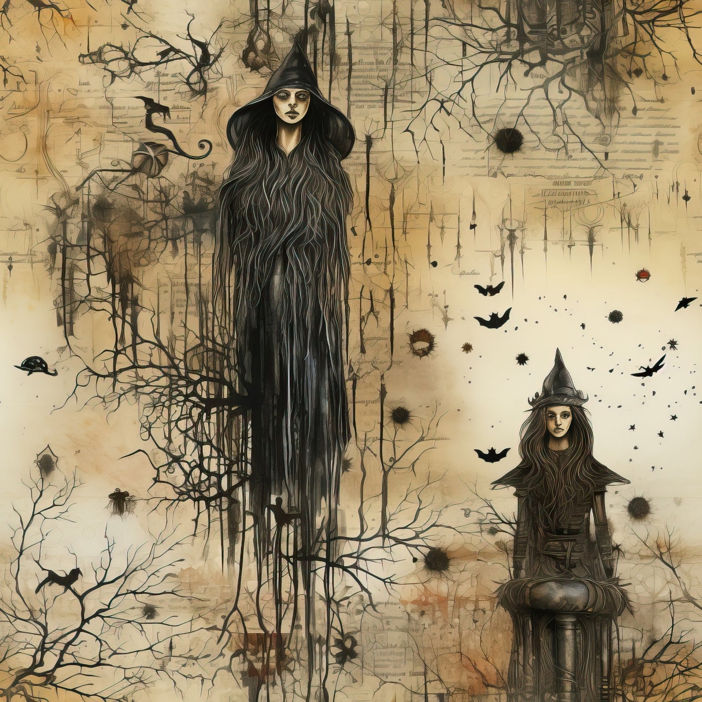 sepia, beige, cream, black, witches, pointed hats, long flowing hair, bare branches, ravens, bats, cauldron, gothic art, vintage illustration, halloween, spooky atmosphere, quilting cotton, fabric panel, mystical, occult imagery, autumn theme
