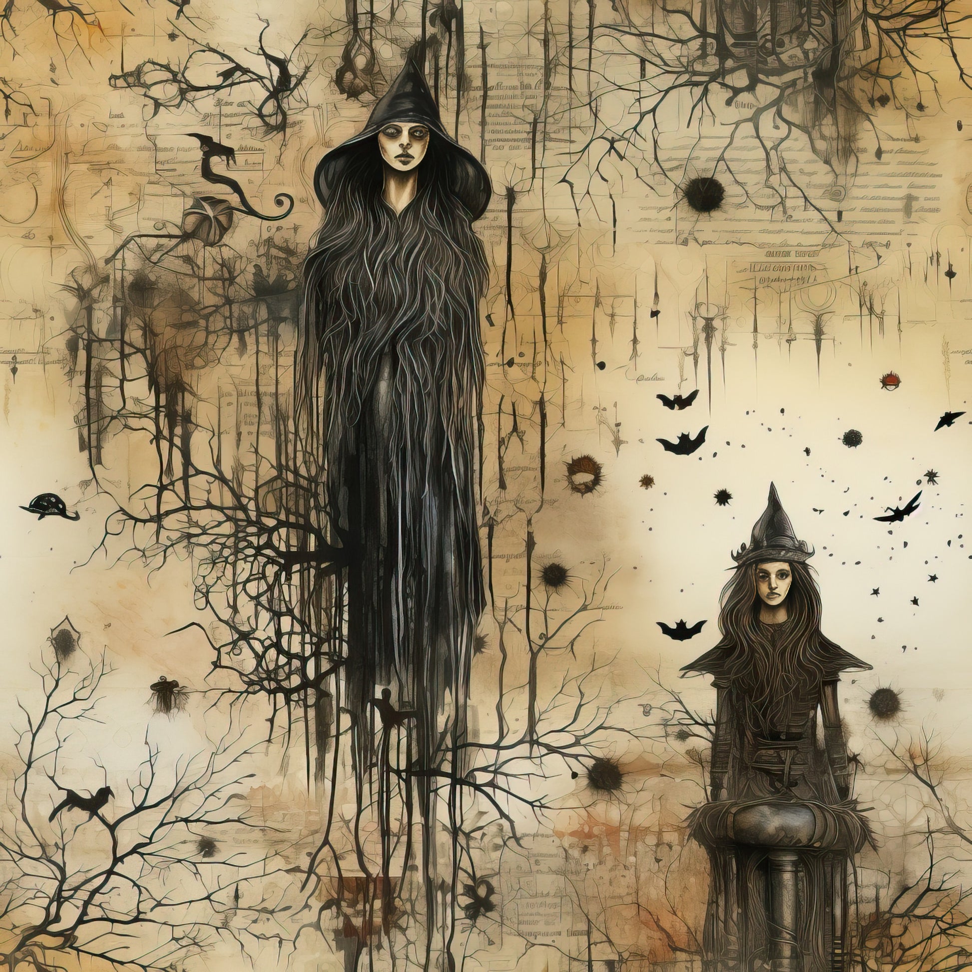 sepia, beige, cream, black, witches, pointed hats, long flowing hair, bare branches, ravens, bats, cauldron, gothic art, vintage illustration, halloween, spooky atmosphere, quilting cotton, fabric panel, mystical, occult imagery, autumn theme