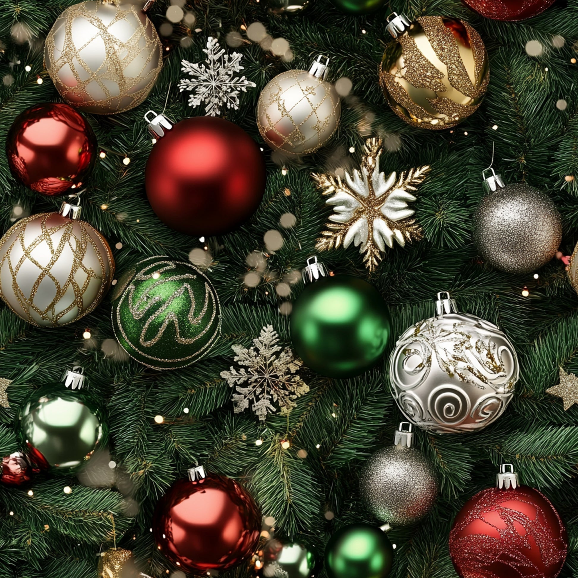 christmas ornaments, quilting cotton, fabric panel, red baubles, gold ornaments, green decorations, silver baubles, snowflakes, evergreen branches, metallic accents, holiday pattern, festive design, realistic style, christmas tree decorations, seasonal fabric, winter theme, ornament collection, holiday crafting, christmas quilting