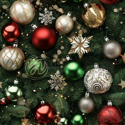 christmas ornaments, quilting cotton, fabric panel, red baubles, gold ornaments, green decorations, silver baubles, snowflakes, evergreen branches, metallic accents, holiday pattern, festive design, realistic style, christmas tree decorations, seasonal fabric, winter theme, ornament collection, holiday crafting, christmas quilting