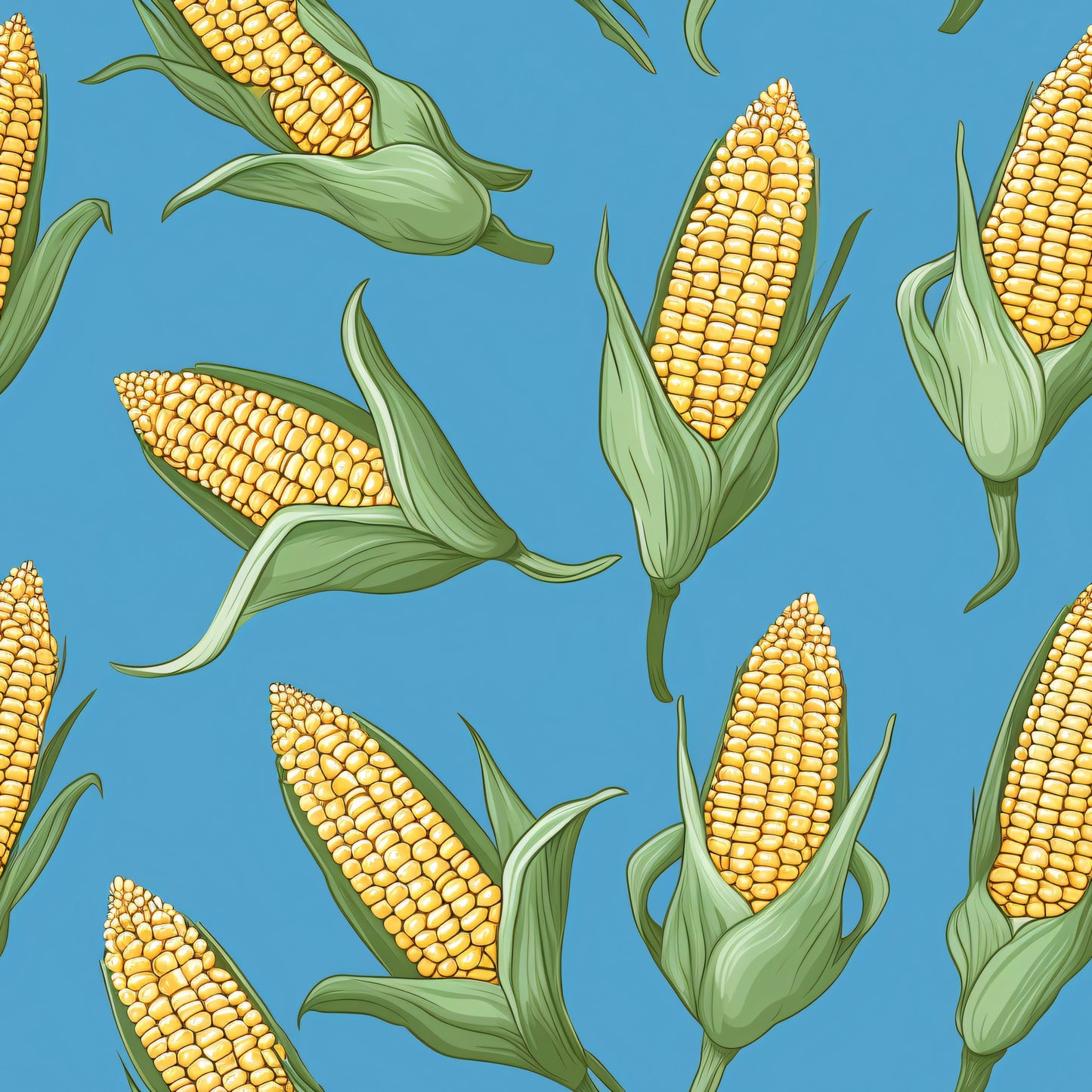 sweet corn, corn cobs, yellow kernels, golden yellow, sage green, turquoise blue, sky blue, green husks, corn leaves, vegetable pattern, food motif, farming theme, harvest design, botanical illustration, scattered pattern, quilting cotton, fabric panel, summer produce, agricultural motif, realistic style