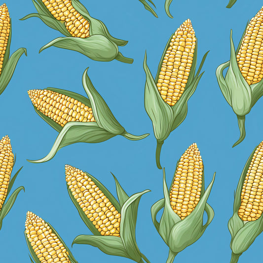 sweet corn, corn cobs, yellow kernels, golden yellow, sage green, turquoise blue, sky blue, green husks, corn leaves, vegetable pattern, food motif, farming theme, harvest design, botanical illustration, scattered pattern, quilting cotton, fabric panel, summer produce, agricultural motif, realistic style