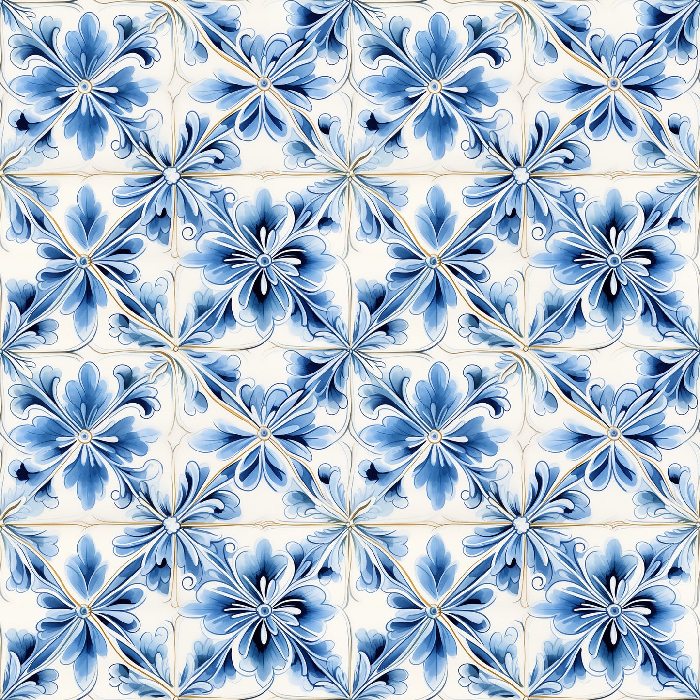 blue, white, cream, handpainted, tiles, floral motifs, decorative flowers, mediterranean style, ceramic inspired, geometric arrangement, ornate design, quilting cotton, fabric panel, portuguese tiles, azulejo style, repeating pattern, artistic brushwork, delicate petals, vintage inspired, crafting material