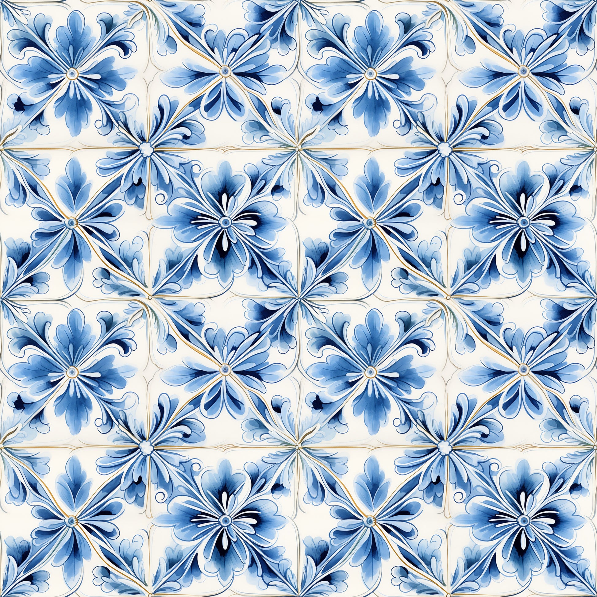 blue, white, cream, handpainted, tiles, floral motifs, decorative flowers, mediterranean style, ceramic inspired, geometric arrangement, ornate design, quilting cotton, fabric panel, portuguese tiles, azulejo style, repeating pattern, artistic brushwork, delicate petals, vintage inspired, crafting material
