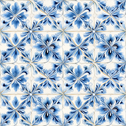 blue, white, cream, handpainted, tiles, floral motifs, decorative flowers, mediterranean style, ceramic inspired, geometric arrangement, ornate design, quilting cotton, fabric panel, portuguese tiles, azulejo style, repeating pattern, artistic brushwork, delicate petals, vintage inspired, crafting material
